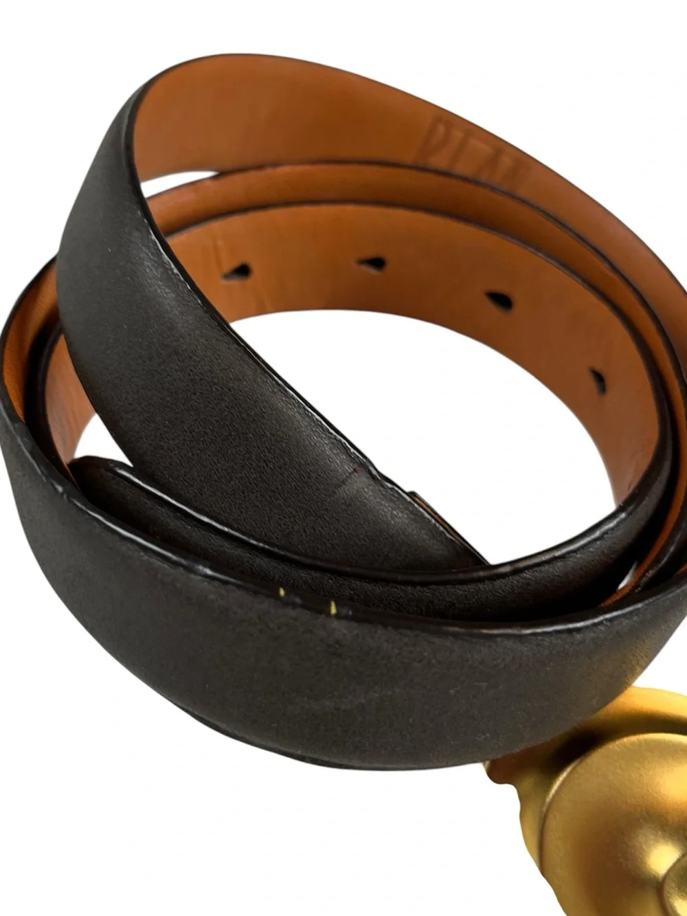 RLM STUDIO Earthy Brown Matte Leather Belt Goldtone Swirl Buckle Size Large